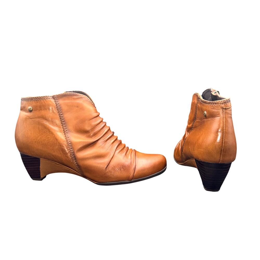 Pikolinos Leather Ankle Booties Brown Ruched Side Zip Heel EU 38 US 7.5